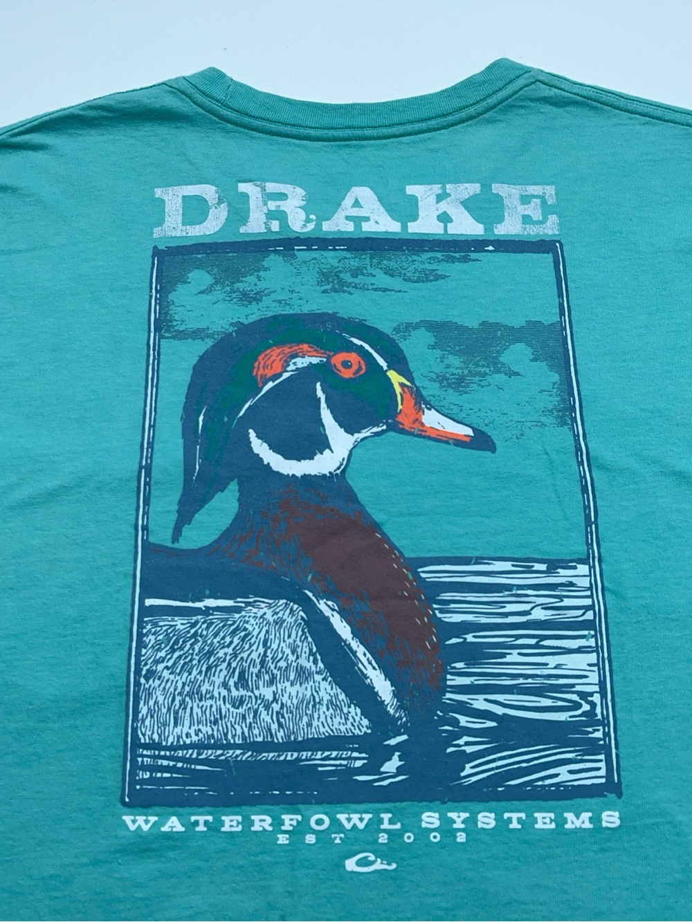 Drake Waterfowl Systems T-Shirt Teal Green Size XL Pocket Logo Double Sided